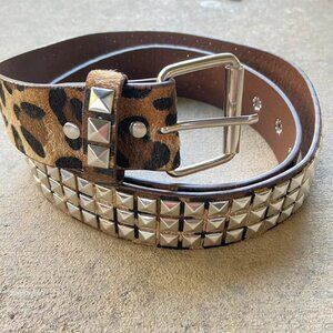 Brown and black texturized studded belt with leopard print